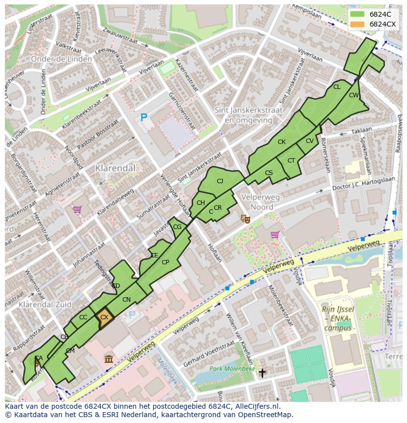 Afbeelding van het postcodegebied 6824 CX op de kaart.