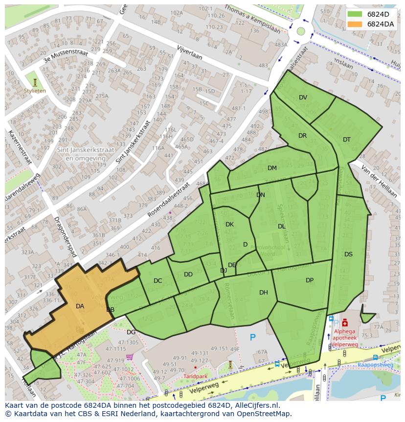 Afbeelding van het postcodegebied 6824 DA op de kaart.