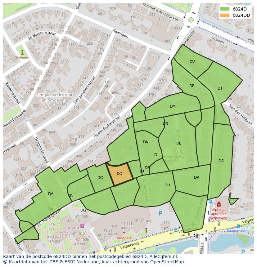 Afbeelding van het postcodegebied 6824 DD op de kaart.