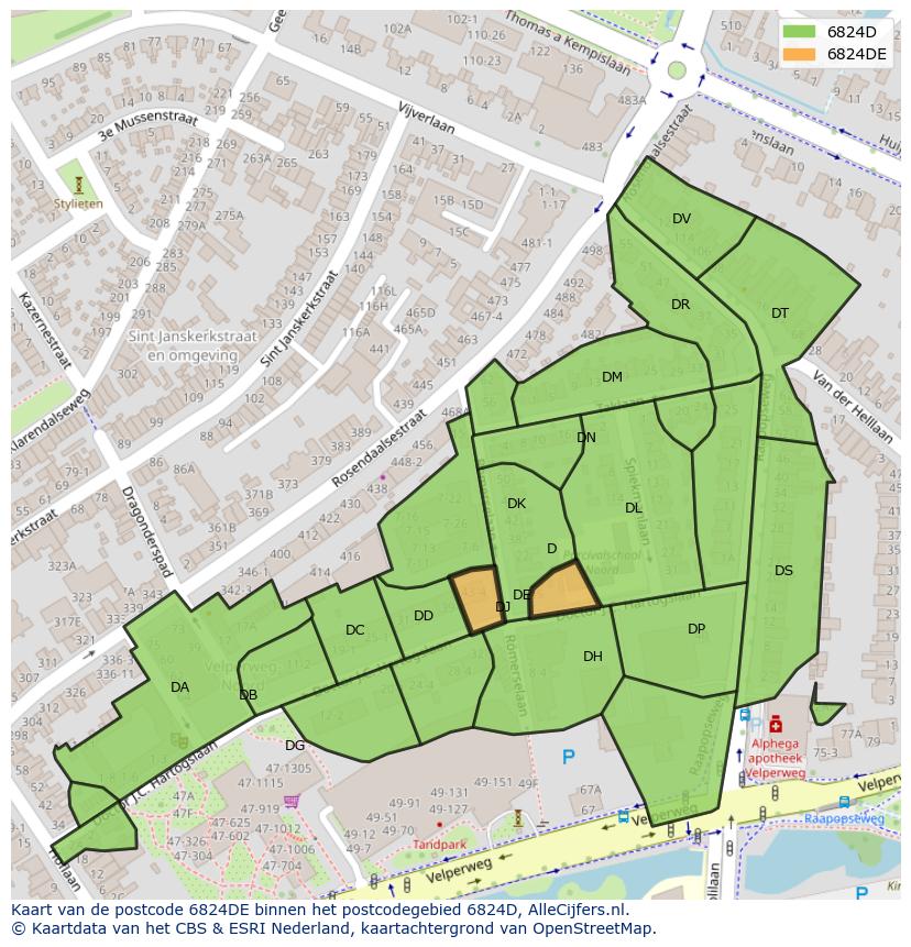 Afbeelding van het postcodegebied 6824 DE op de kaart.