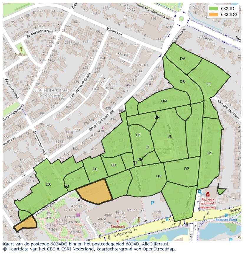 Afbeelding van het postcodegebied 6824 DG op de kaart.