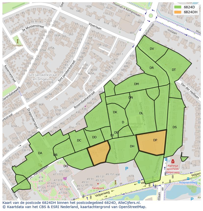 Afbeelding van het postcodegebied 6824 DH op de kaart.