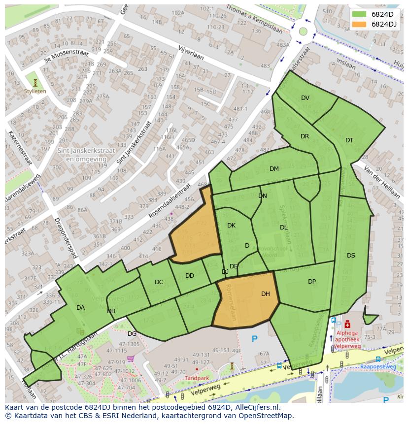 Afbeelding van het postcodegebied 6824 DJ op de kaart.