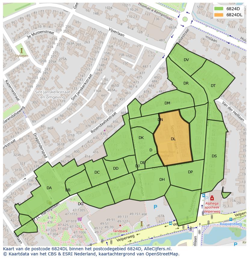 Afbeelding van het postcodegebied 6824 DL op de kaart.