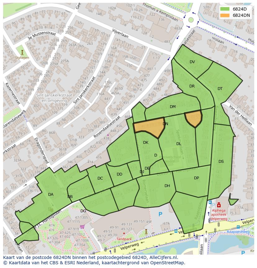 Afbeelding van het postcodegebied 6824 DN op de kaart.
