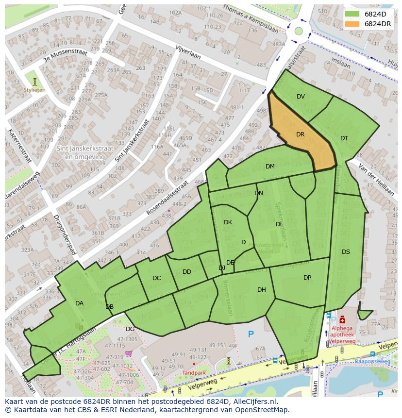 Afbeelding van het postcodegebied 6824 DR op de kaart.