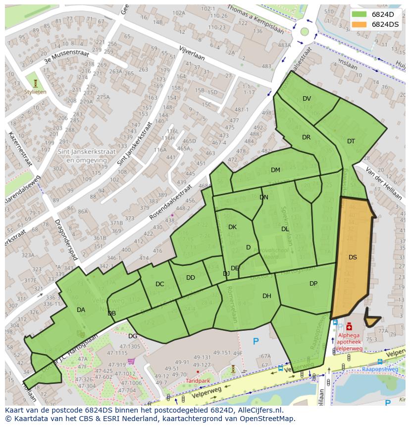 Afbeelding van het postcodegebied 6824 DS op de kaart.