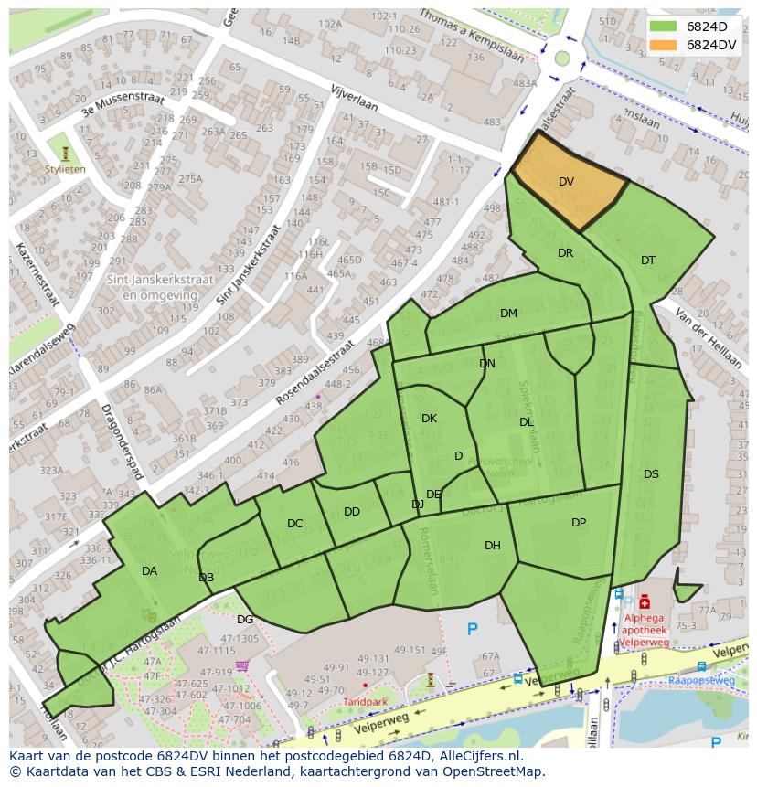 Afbeelding van het postcodegebied 6824 DV op de kaart.