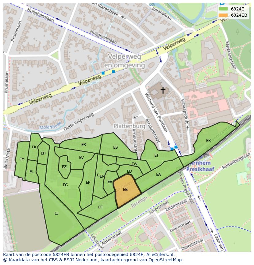 Afbeelding van het postcodegebied 6824 EB op de kaart.