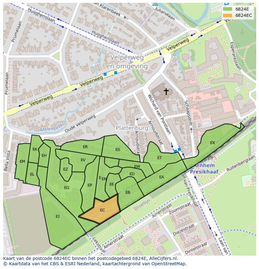 Afbeelding van het postcodegebied 6824 EC op de kaart.