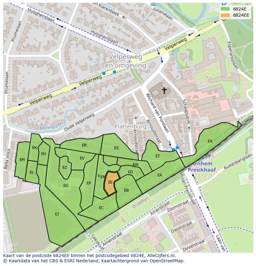 Afbeelding van het postcodegebied 6824 EE op de kaart.