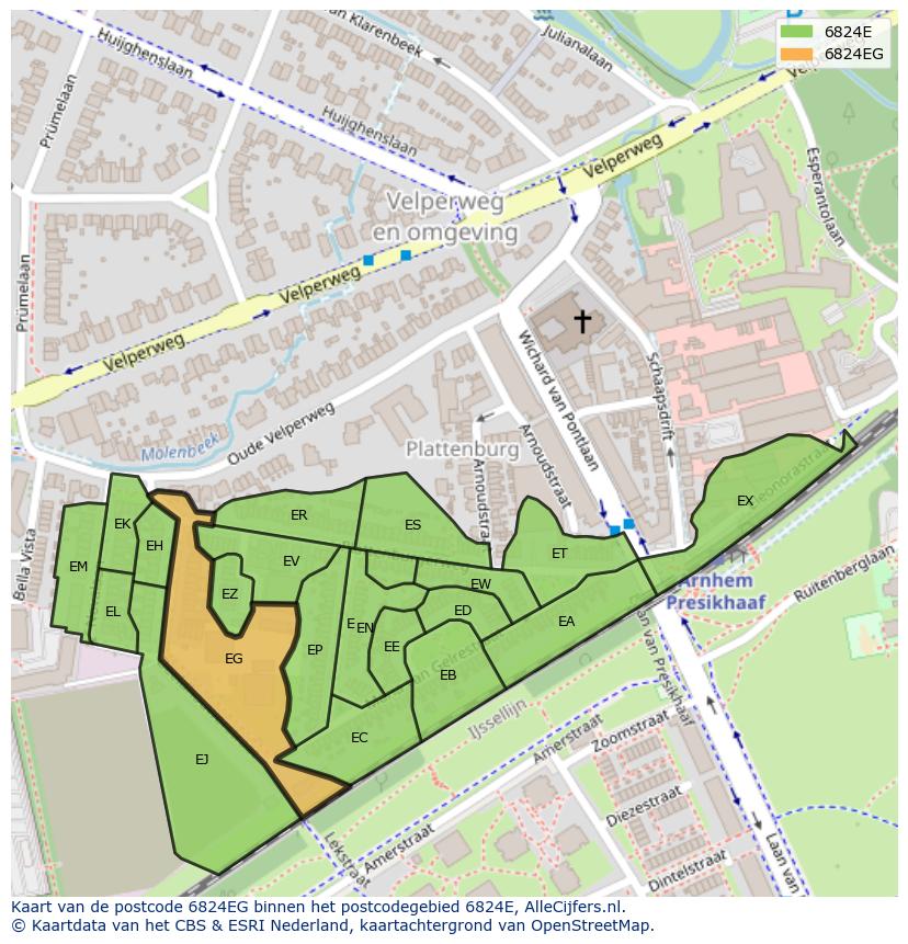 Afbeelding van het postcodegebied 6824 EG op de kaart.