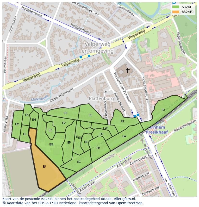 Afbeelding van het postcodegebied 6824 EJ op de kaart.