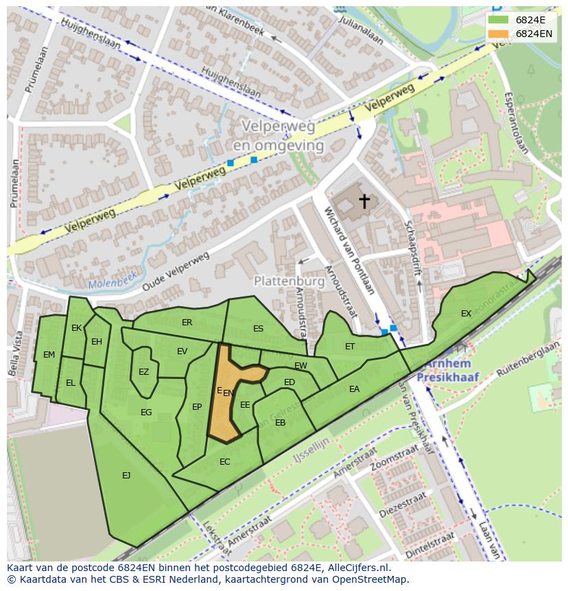 Afbeelding van het postcodegebied 6824 EN op de kaart.