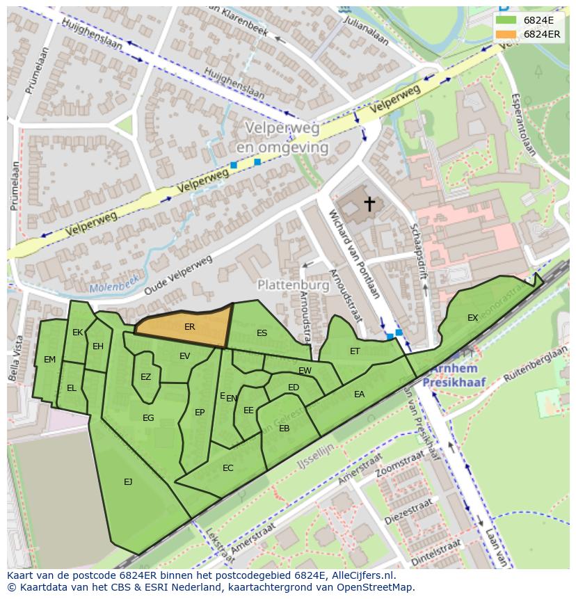 Afbeelding van het postcodegebied 6824 ER op de kaart.