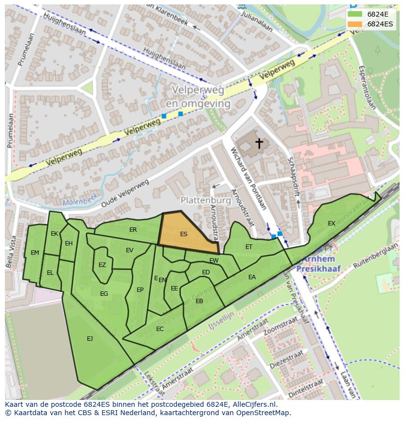 Afbeelding van het postcodegebied 6824 ES op de kaart.