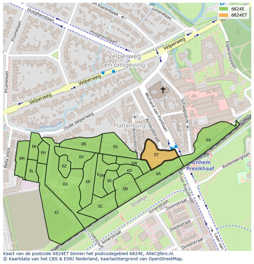 Afbeelding van het postcodegebied 6824 ET op de kaart.