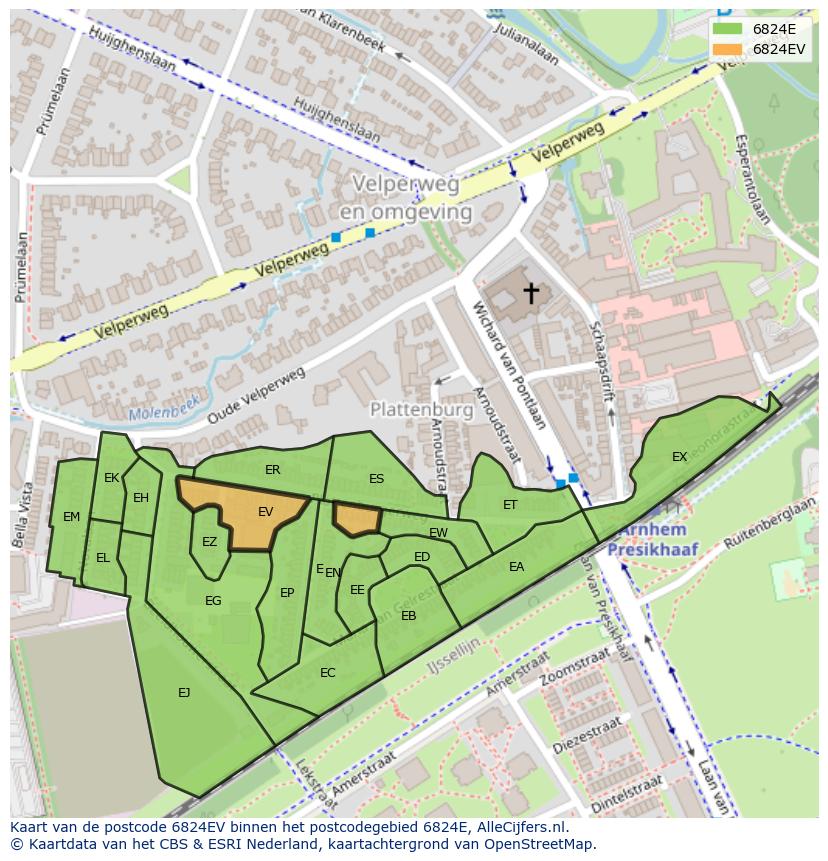 Afbeelding van het postcodegebied 6824 EV op de kaart.