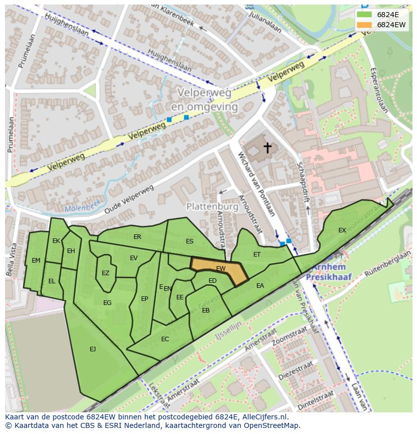 Afbeelding van het postcodegebied 6824 EW op de kaart.