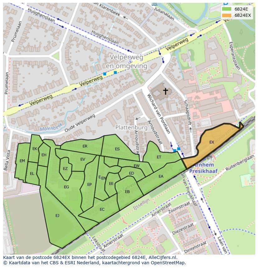 Afbeelding van het postcodegebied 6824 EX op de kaart.