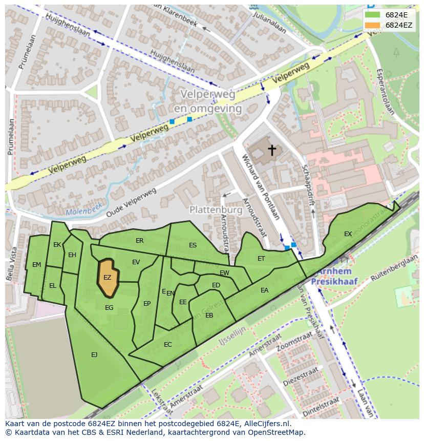 Afbeelding van het postcodegebied 6824 EZ op de kaart.
