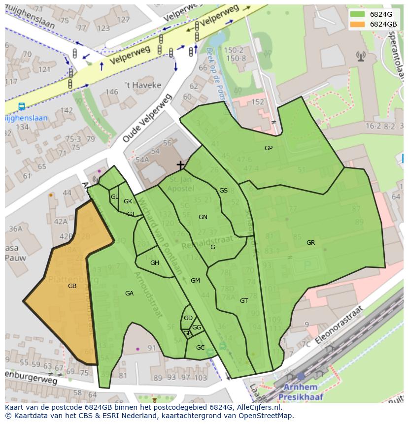 Afbeelding van het postcodegebied 6824 GB op de kaart.