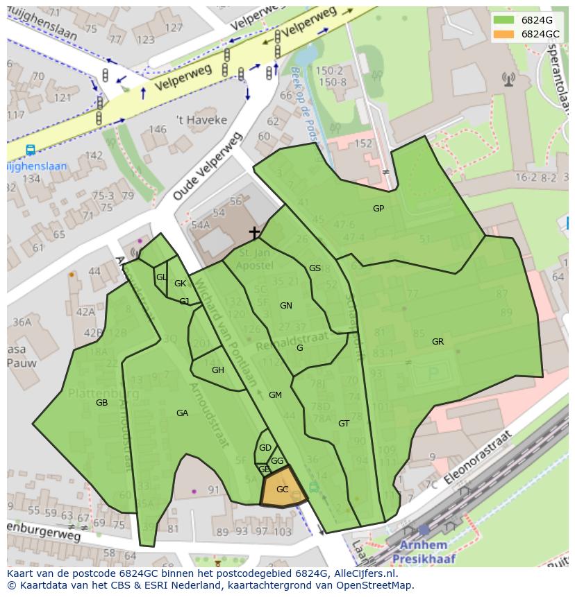 Afbeelding van het postcodegebied 6824 GC op de kaart.