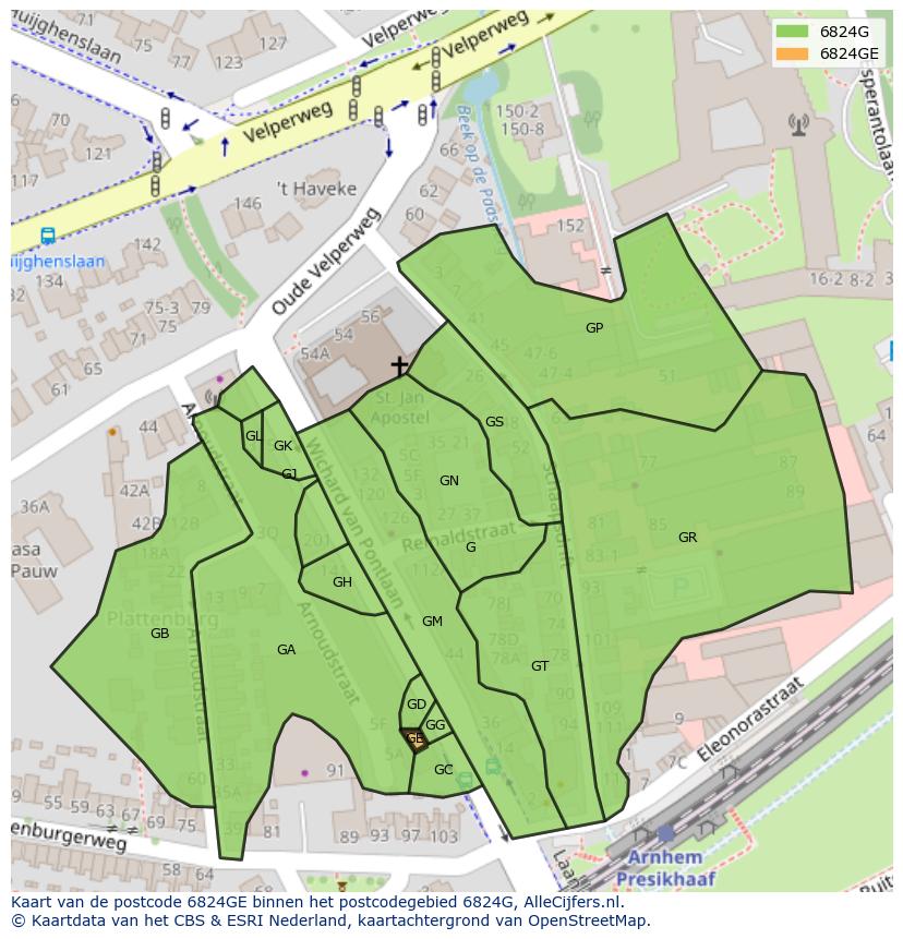 Afbeelding van het postcodegebied 6824 GE op de kaart.