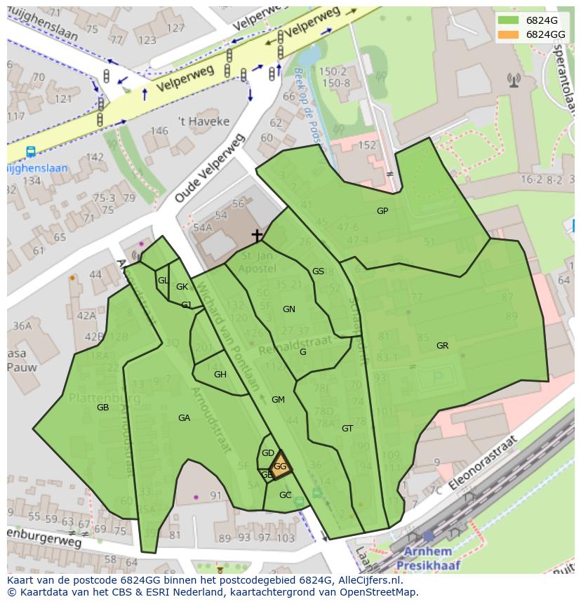 Afbeelding van het postcodegebied 6824 GG op de kaart.