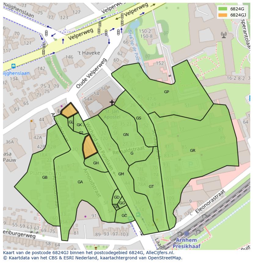 Afbeelding van het postcodegebied 6824 GJ op de kaart.