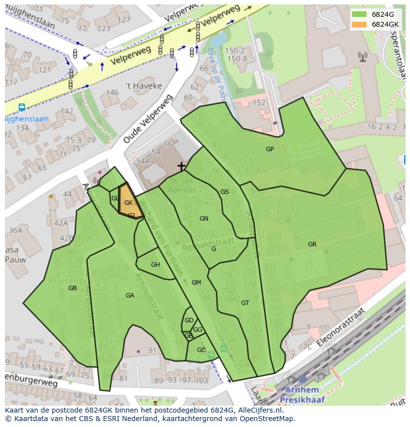 Afbeelding van het postcodegebied 6824 GK op de kaart.