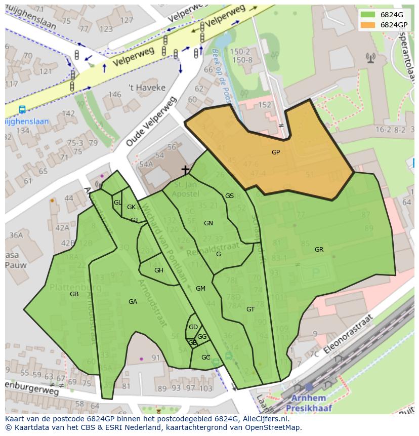 Afbeelding van het postcodegebied 6824 GP op de kaart.
