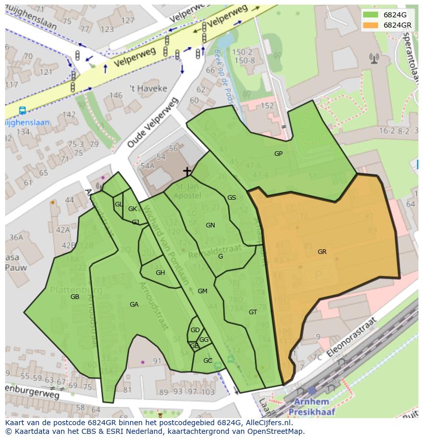 Afbeelding van het postcodegebied 6824 GR op de kaart.