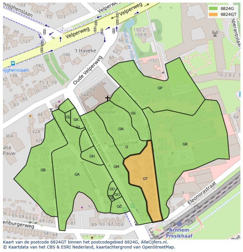 Afbeelding van het postcodegebied 6824 GT op de kaart.