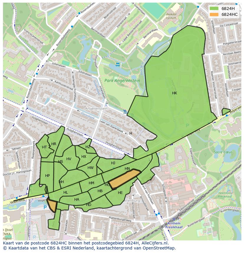 Afbeelding van het postcodegebied 6824 HC op de kaart.