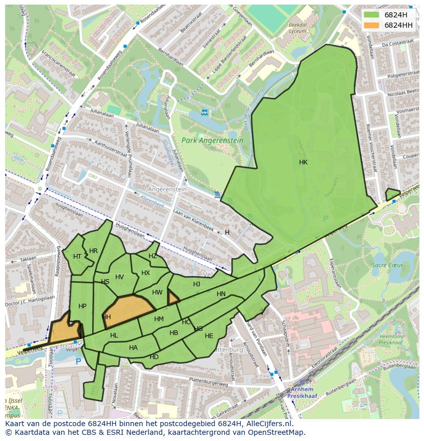 Afbeelding van het postcodegebied 6824 HH op de kaart.