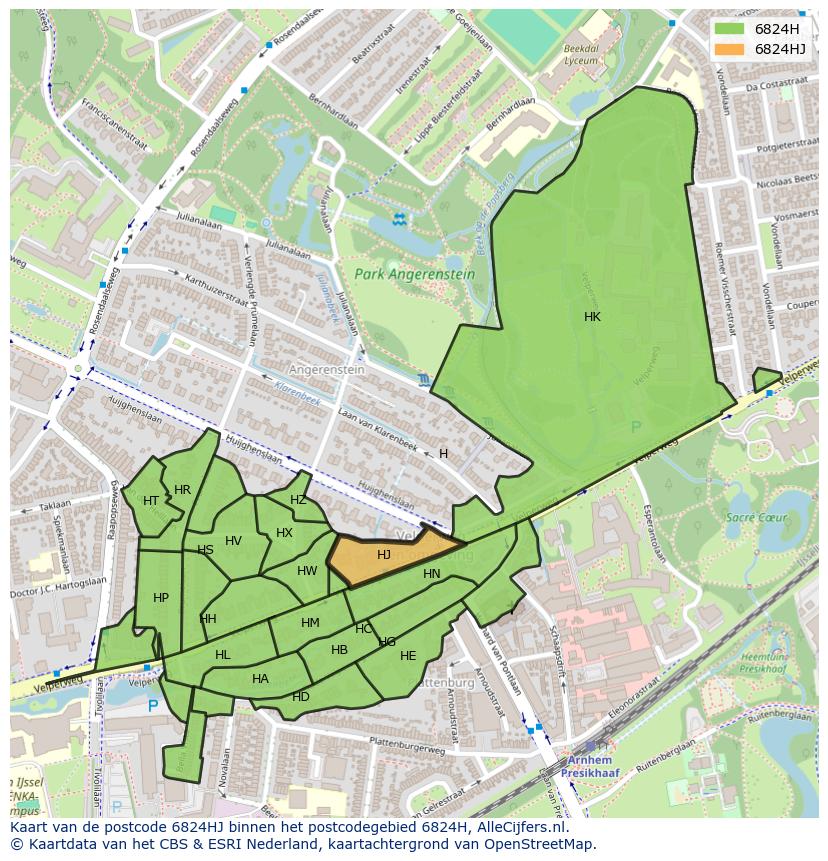 Afbeelding van het postcodegebied 6824 HJ op de kaart.