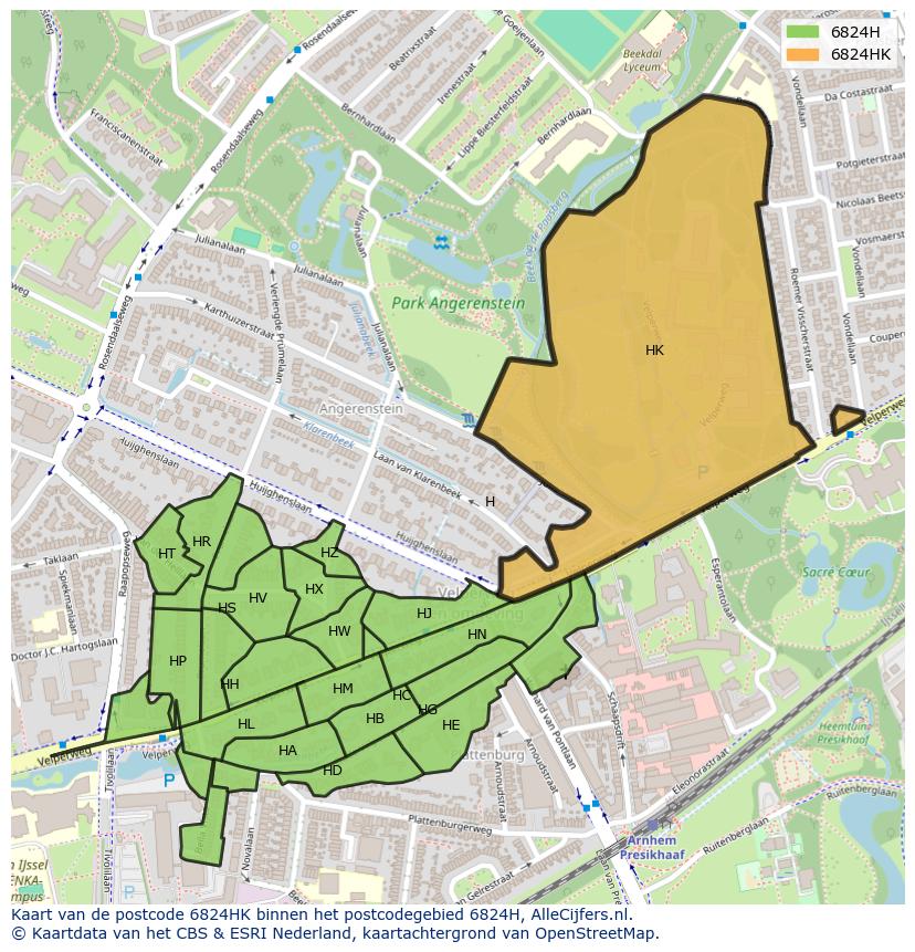 Afbeelding van het postcodegebied 6824 HK op de kaart.