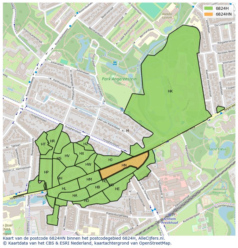 Afbeelding van het postcodegebied 6824 HN op de kaart.