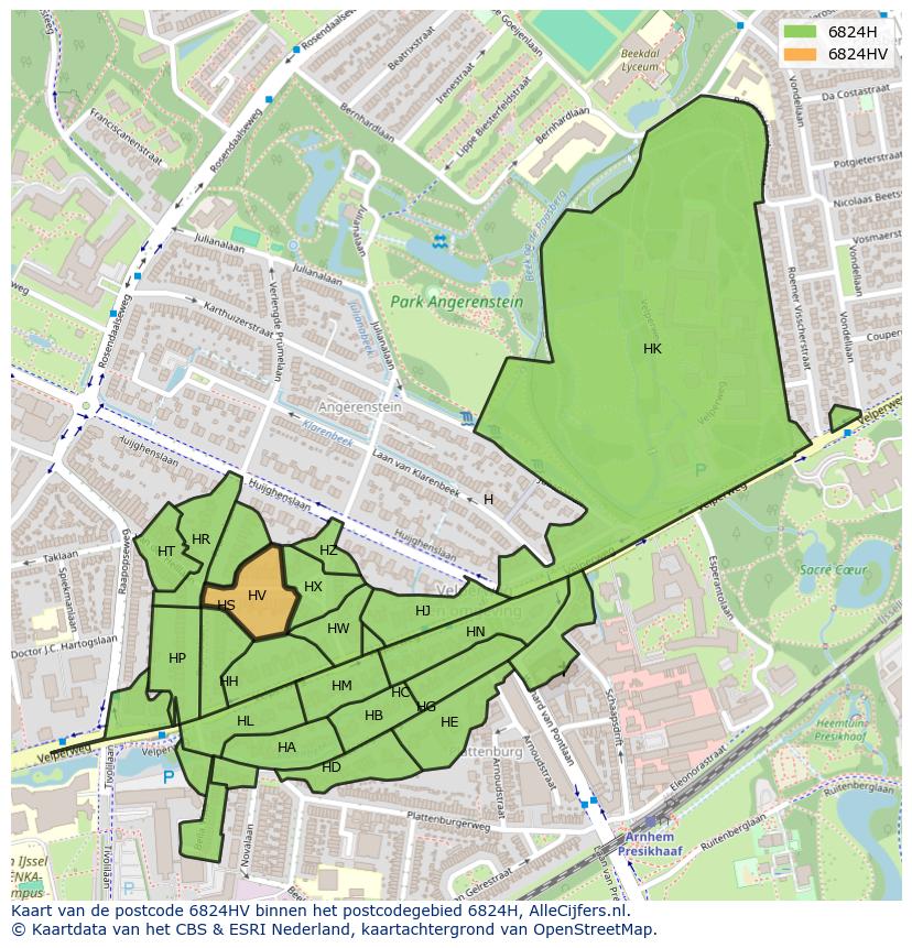 Afbeelding van het postcodegebied 6824 HV op de kaart.