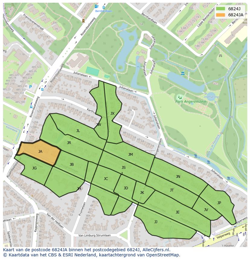 Afbeelding van het postcodegebied 6824 JA op de kaart.
