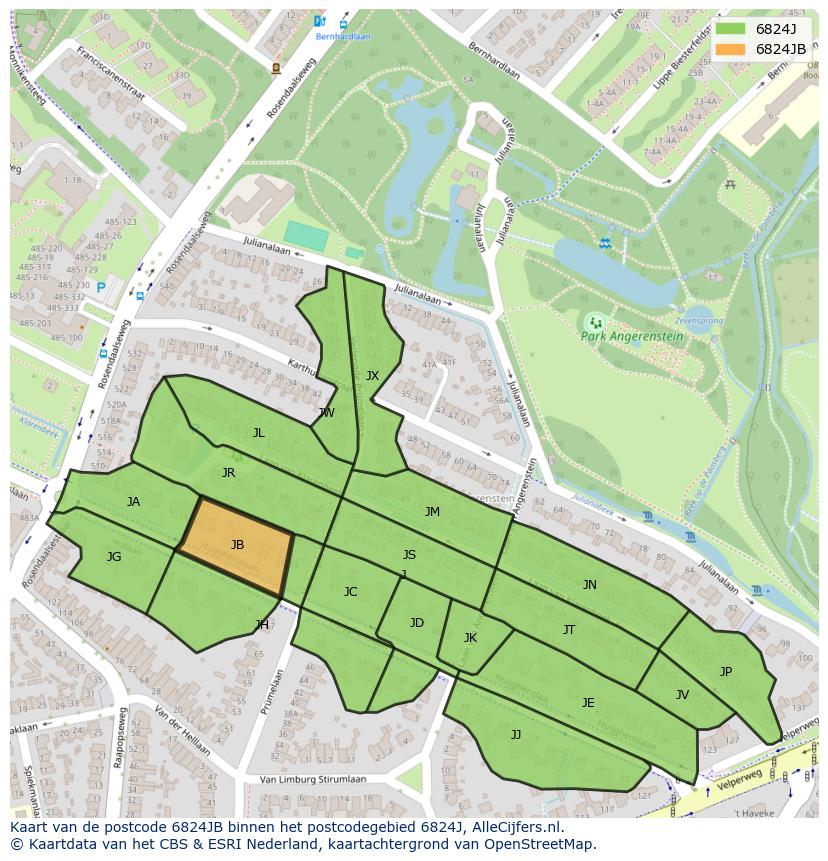 Afbeelding van het postcodegebied 6824 JB op de kaart.