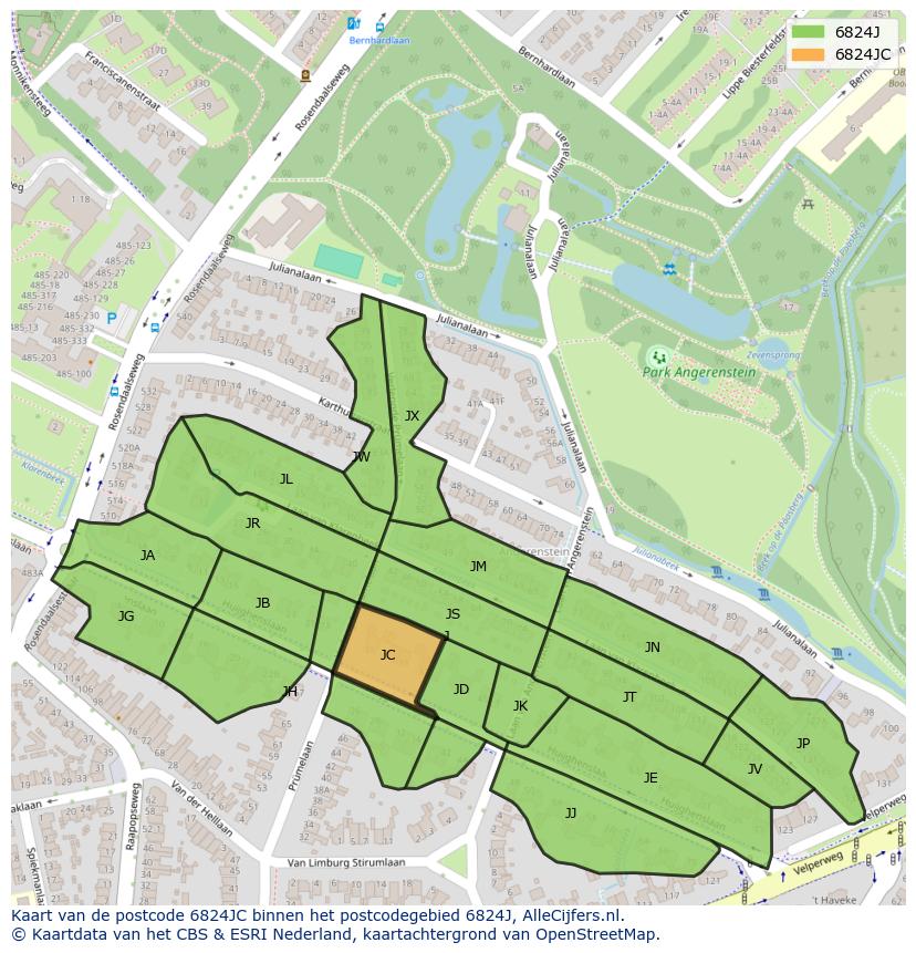 Afbeelding van het postcodegebied 6824 JC op de kaart.