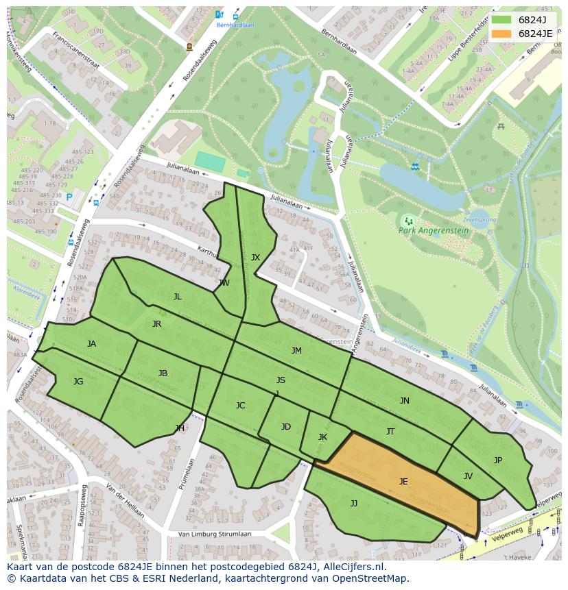 Afbeelding van het postcodegebied 6824 JE op de kaart.