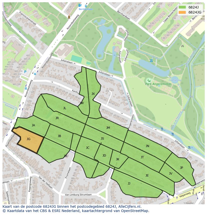 Afbeelding van het postcodegebied 6824 JG op de kaart.