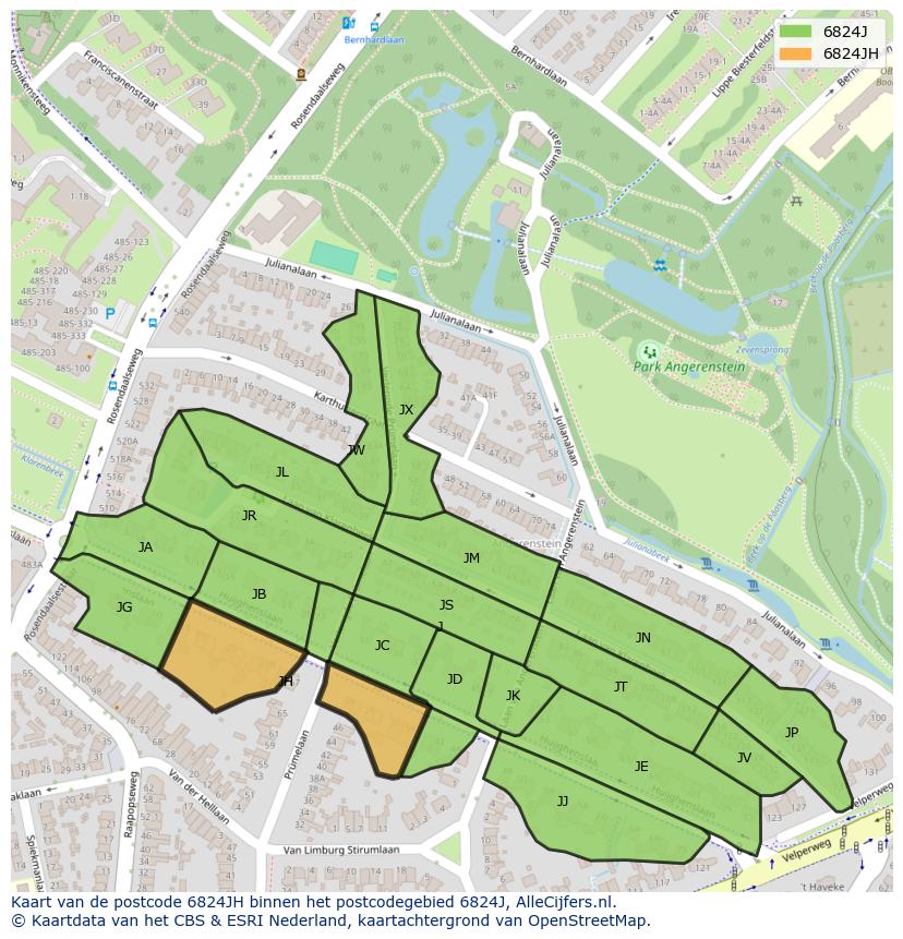 Afbeelding van het postcodegebied 6824 JH op de kaart.