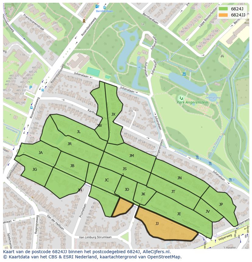 Afbeelding van het postcodegebied 6824 JJ op de kaart.