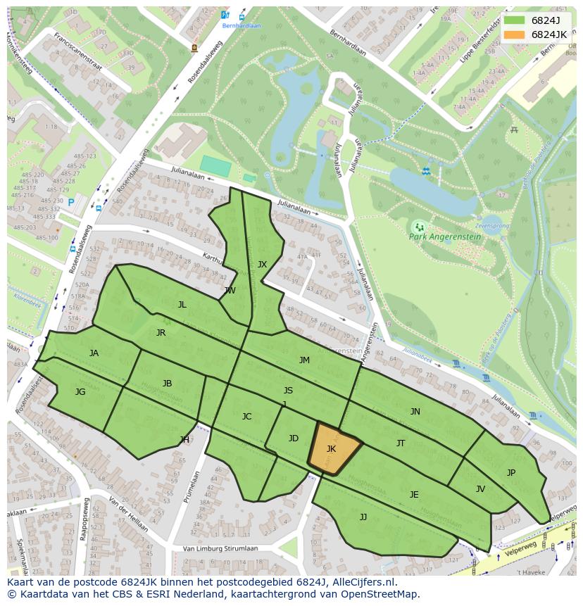 Afbeelding van het postcodegebied 6824 JK op de kaart.