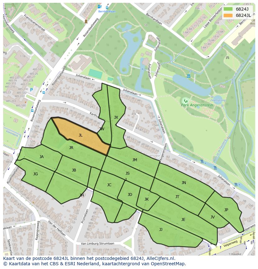 Afbeelding van het postcodegebied 6824 JL op de kaart.