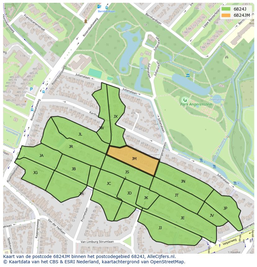 Afbeelding van het postcodegebied 6824 JM op de kaart.